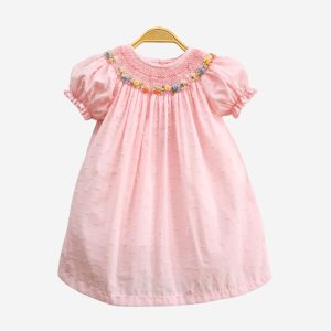 Smocked bishop dress with wreath at the neck