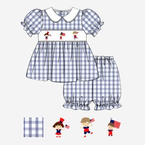 Gingham 4th of July smocked girls 2 piece set