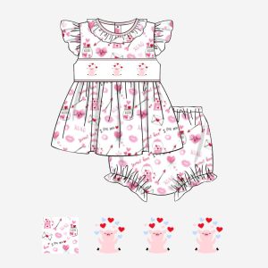 Heart pig smocked 2 piece set for girls