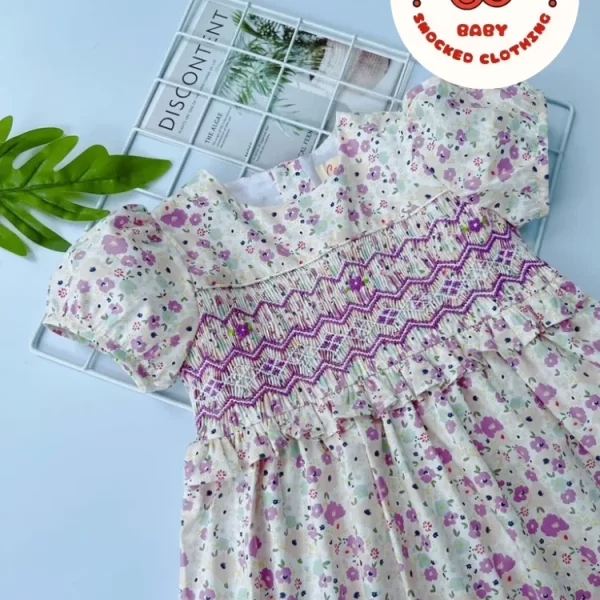 Purple flower smocked bishop dress for girls