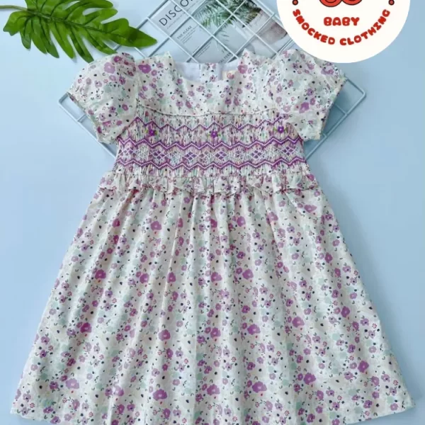 Purple flower smocked bishop dress for girls
