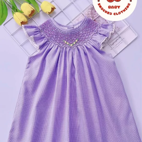 Purple smocked bishop dress with small flower pattern