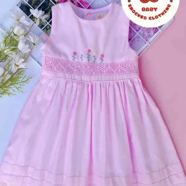 Pink geo smocked with flower embroidered pattern sundress