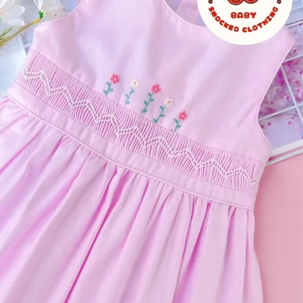 Pink geo smocked with flower embroidered pattern sundress