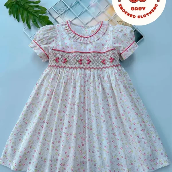 White & pink flower smocked princess dress