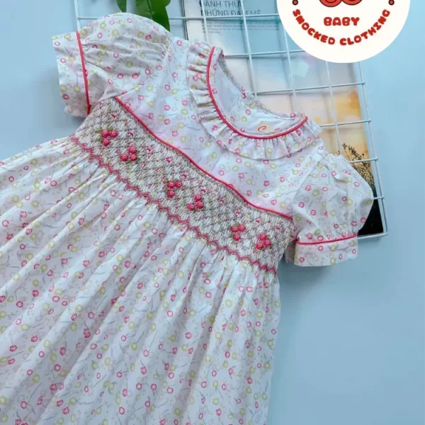 White & pink flower smocked princess dress