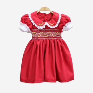 Red smocked princess dress with small flowers