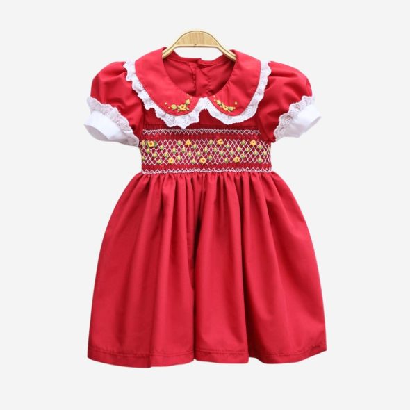 Red smocked princess dress with small flowers
