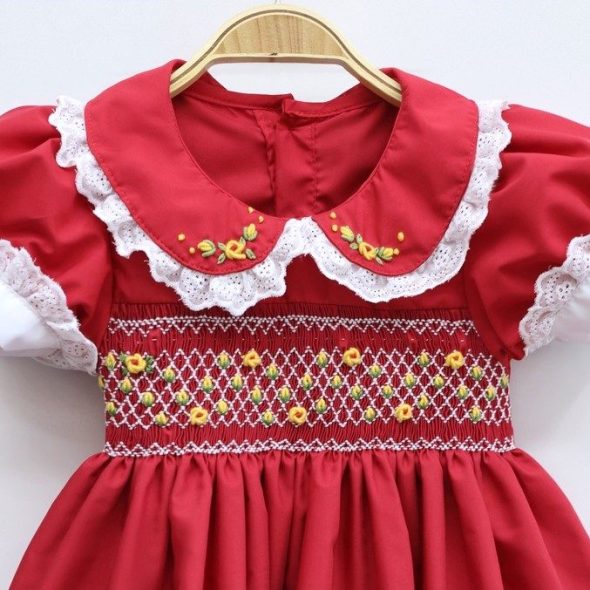Red smocked princess dress with small flowers