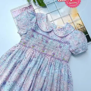 Purple floral geometric smocked dress