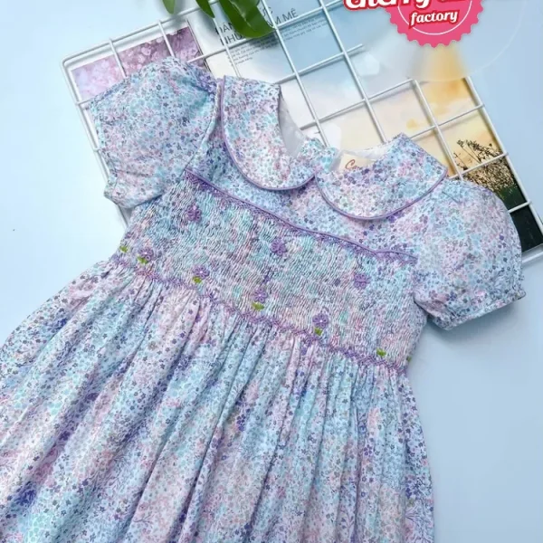 Purple floral geometric smocked dress