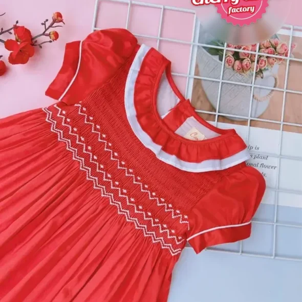 Red geometric smocked dress for girls