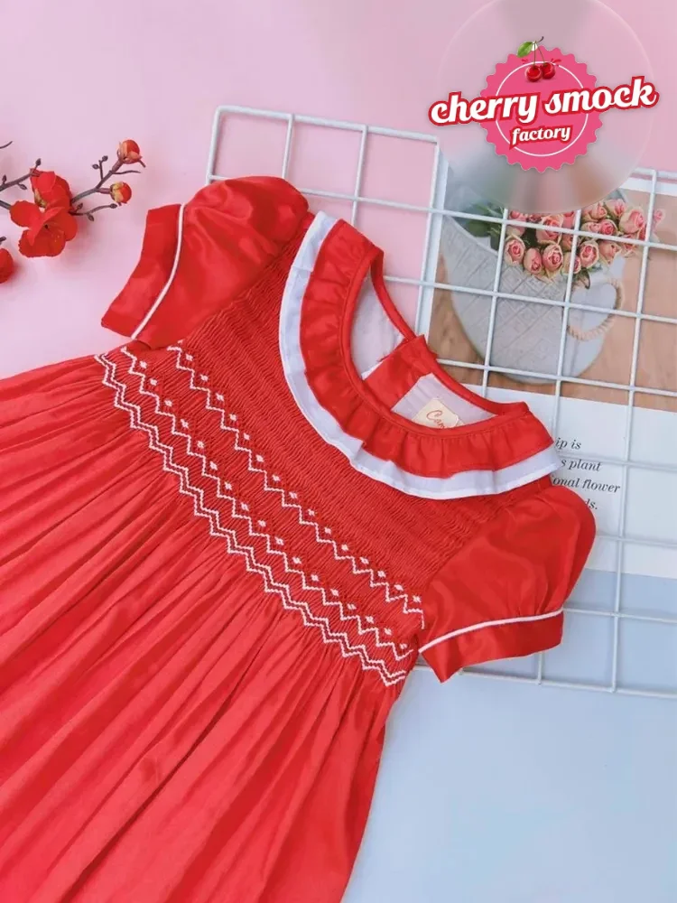 Red geometric smocked dress for girls