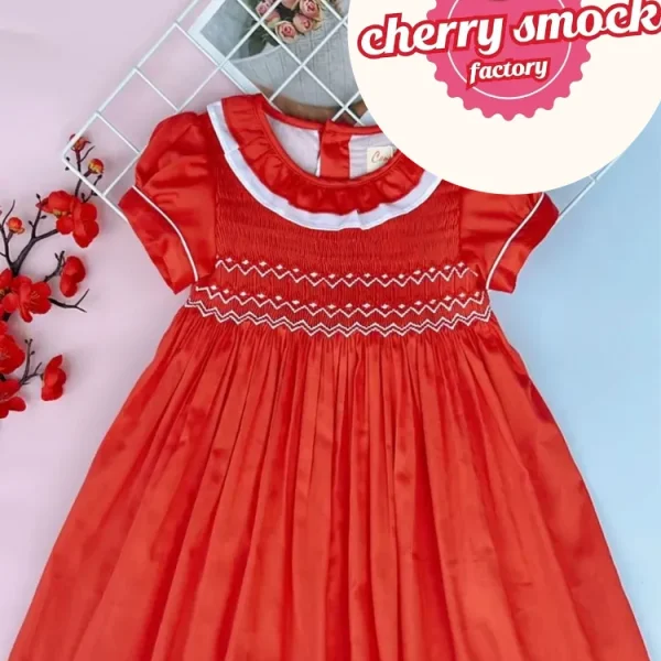 Red geometric smocked dress for girls
