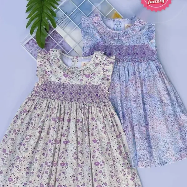 Purple flower smocked sundress for girls