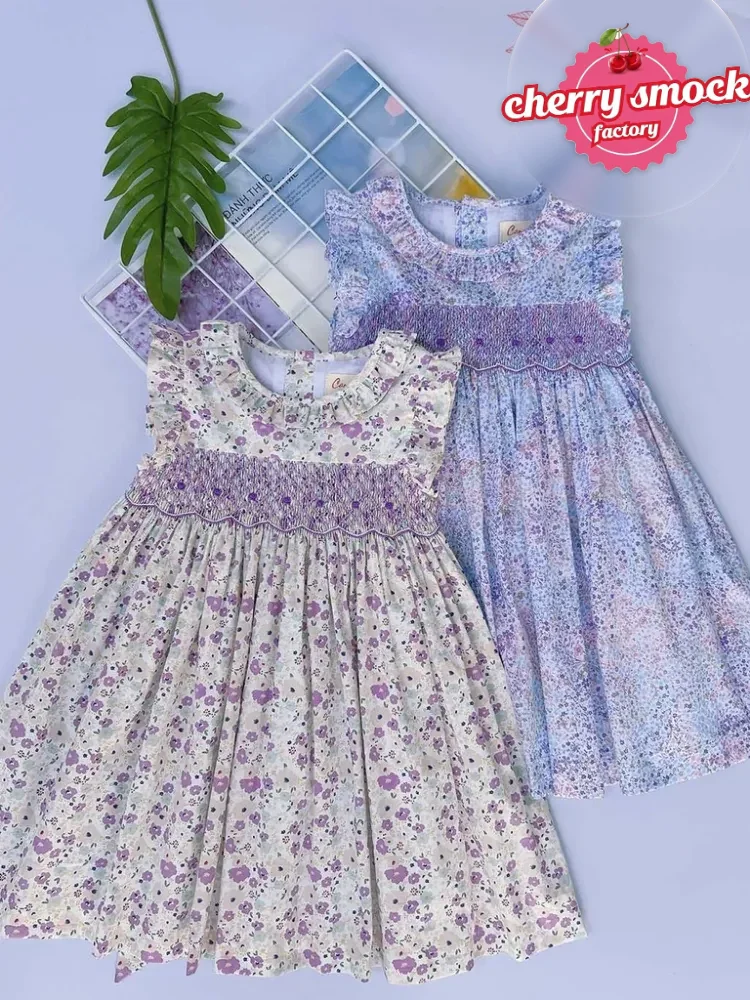 Purple flower smocked sundress for girls