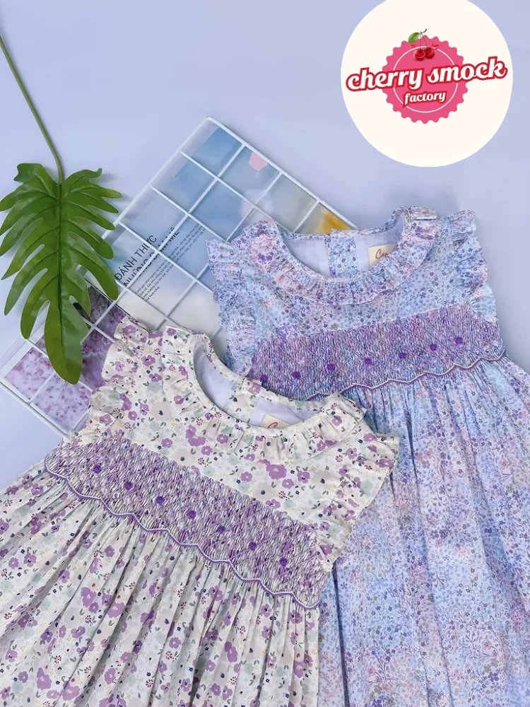 Purple flower smocked sundress for girls - Image 2
