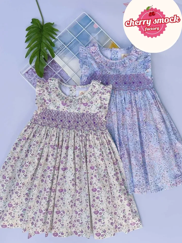 Purple flower smocked sundress for girls - Image 3