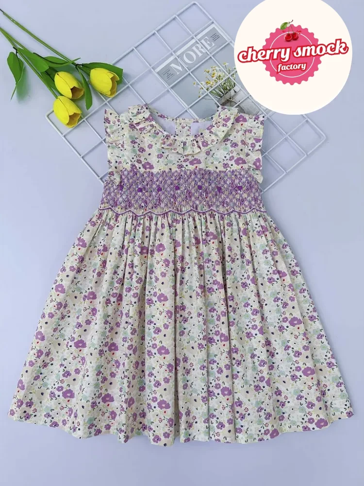 Purple flower smocked sundress for girls - Image 4