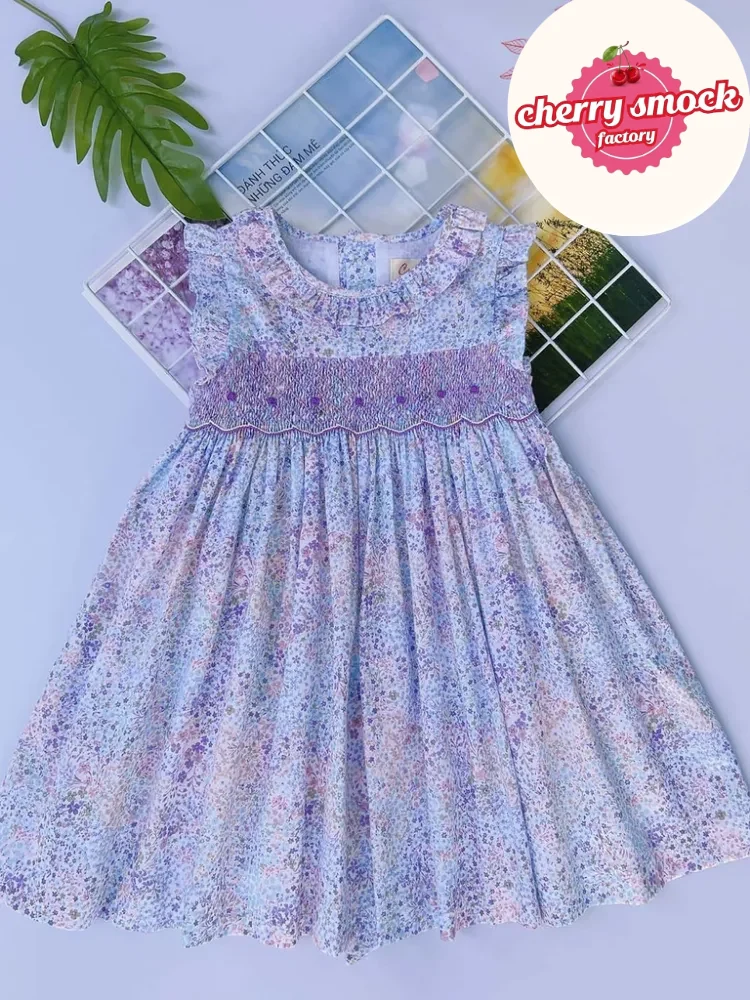 Purple flower smocked sundress for girls - Image 6
