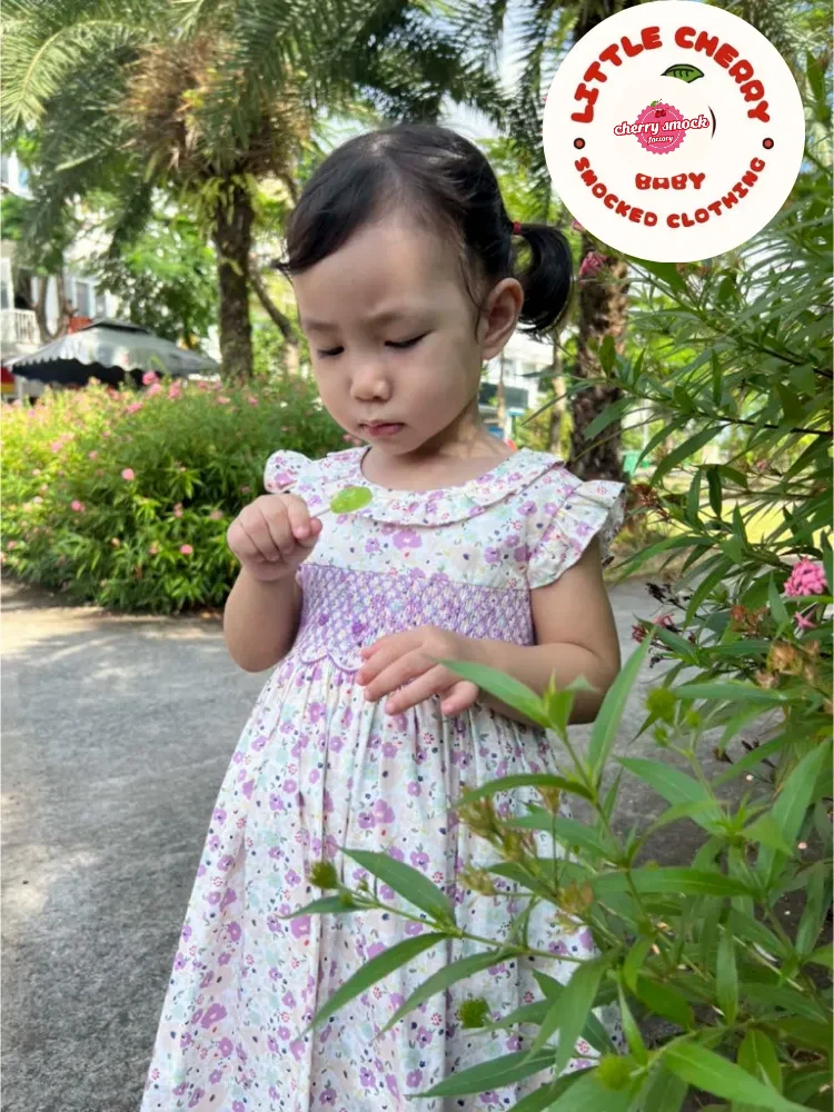 Purple flower smocked sundress for girls - Image 7