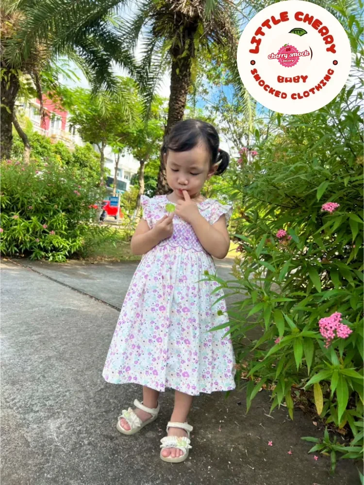 Purple flower smocked sundress for girls - Image 8