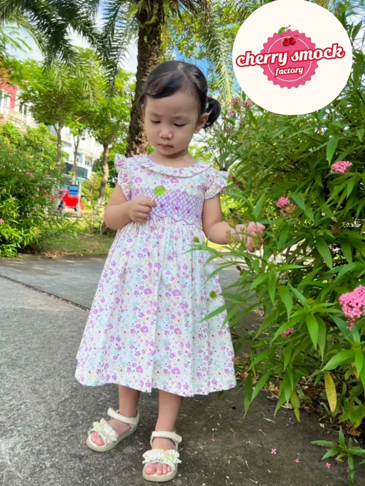 Purple flower smocked sundress for girls - Image 9
