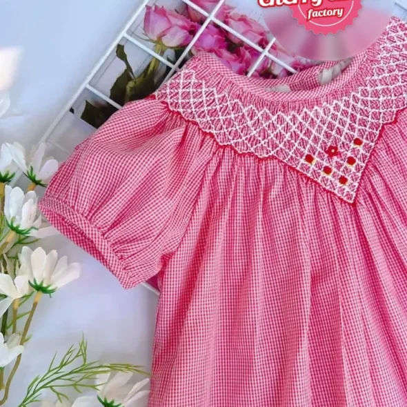 Gingham pink smocked bishop dress for girls