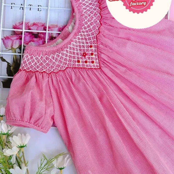 Gingham pink smocked bishop dress for girls