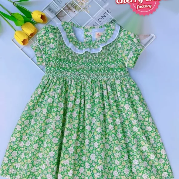 Green meadow girls smocked geo dress