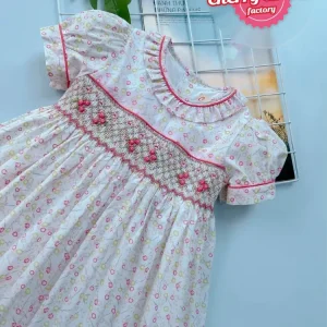 White & pink flower smocked princess dress
