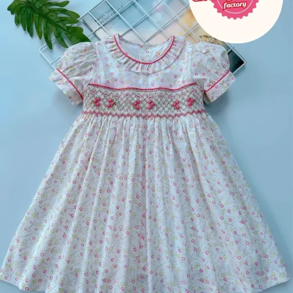 White & pink flower smocked princess dress