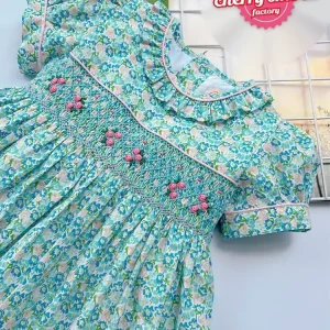 Green flower smocked princess dress