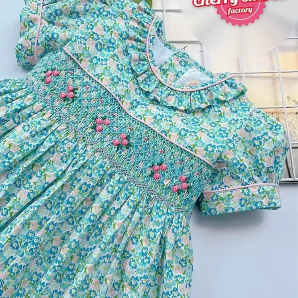 Green flower smocked princess dress