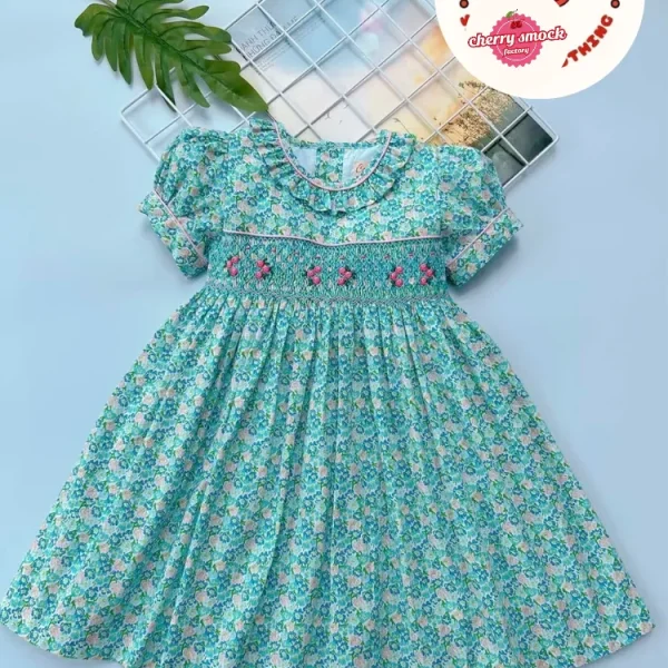 Green flower smocked princess dress