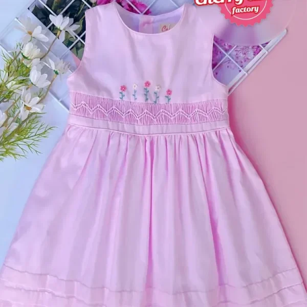 Pink geo smocked with flower embroidered pattern sundress