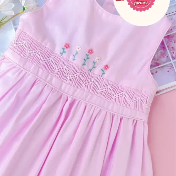 Pink geo smocked with flower embroidered pattern sundress