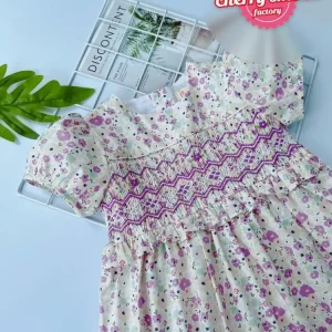Purple flower smocked bishop dress for girls