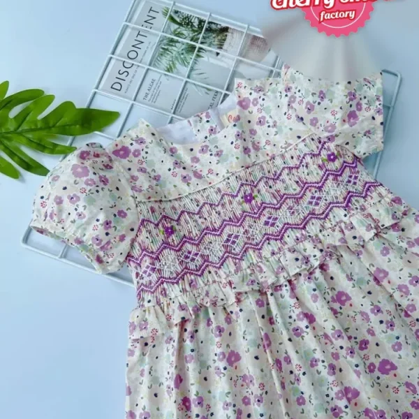 Purple flower smocked bishop dress for girls
