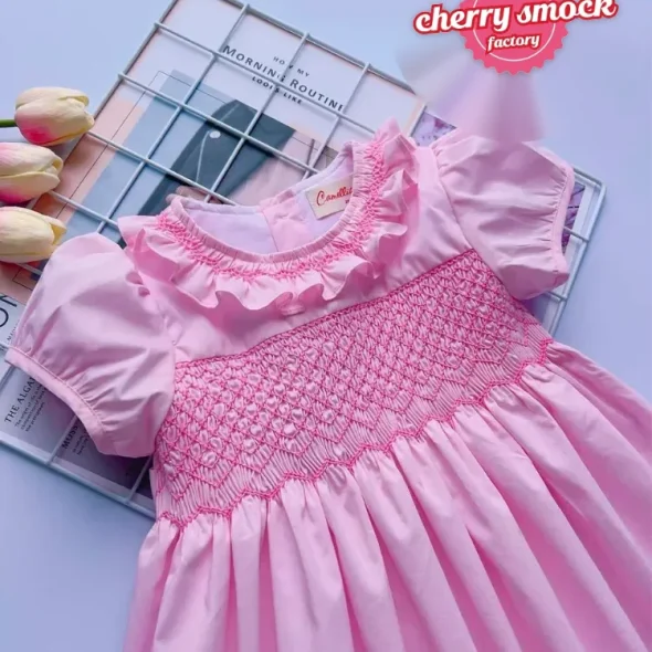 Pink luxury geo smocked dress for girls