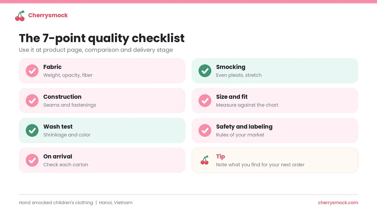 Seven-point quality checklist for smocked clothing: fabric, smocking, construction, size, wash test, safety, arrival check