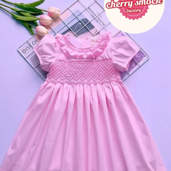 Pink luxury geo smocked dress for girls