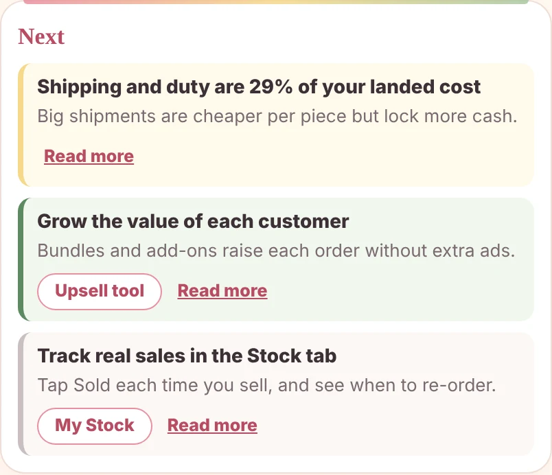 Cherrysmock Planner next steps panel suggesting how to test sales and track stock after a profit calculation