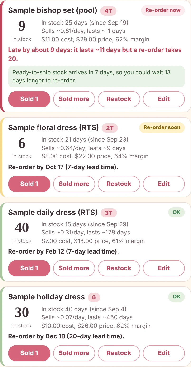 Cherrysmock Planner stock tracker with re-order alerts showing days of cover and a note that ready-to-ship stock arrives in 7 days