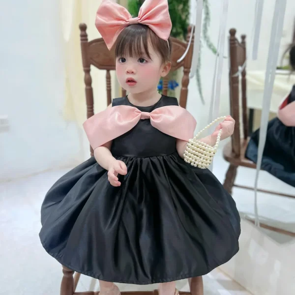 Black Satin Princess Dress with Pink Bow Cape