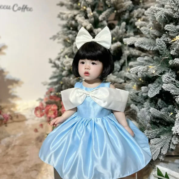 Blue Satin Princess Dress with White Cape
