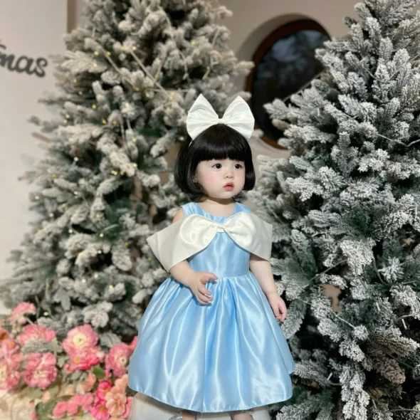 Blue Satin Princess Dress with White Cape