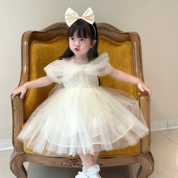 Cream Off-Shoulder Tulle Princess Dress