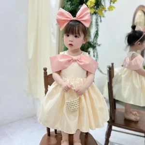 Cream Satin Princess Dress with Pink Bow Cape