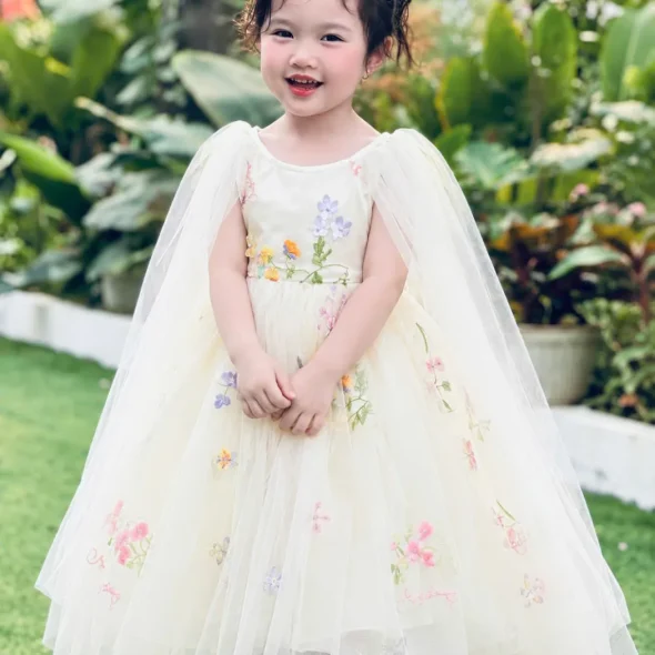 Embroidered Floral Tulle Cape Princess Dress